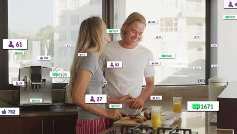 animation of social media notifications over smiling couple preparing breakfast in sunny kitchen