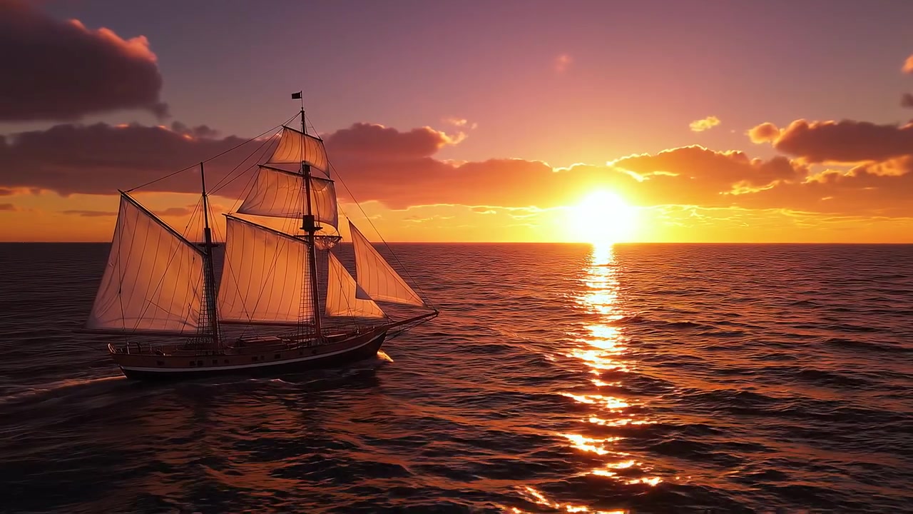 Nave a vela classica che naviga in un oceano calmo sotto un cielo al tramonto dorato