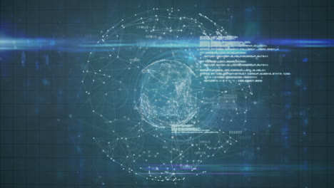 animation of data processing over globe made of connections and light in navy digital space