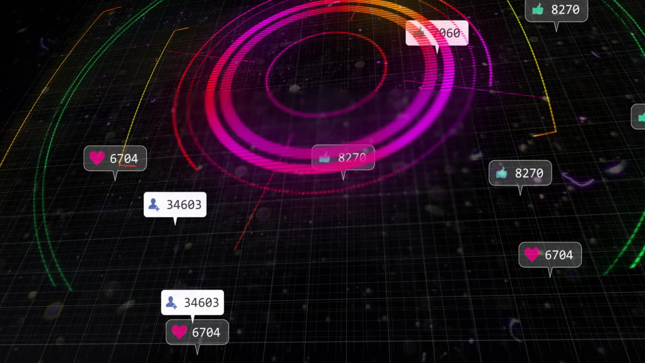 Animation of social media icons with numbers over scope scanning with shapes on black background