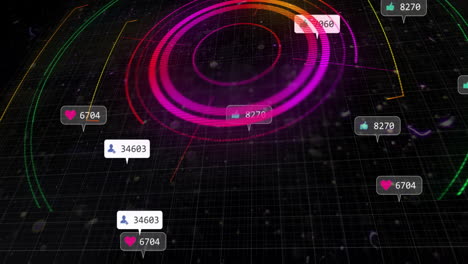Animación-De-íconos-De-Redes-Sociales-Con-Números-Sobre-Escaneo-De-Alcance-Con-Formas-Sobre-Fondo-Negro