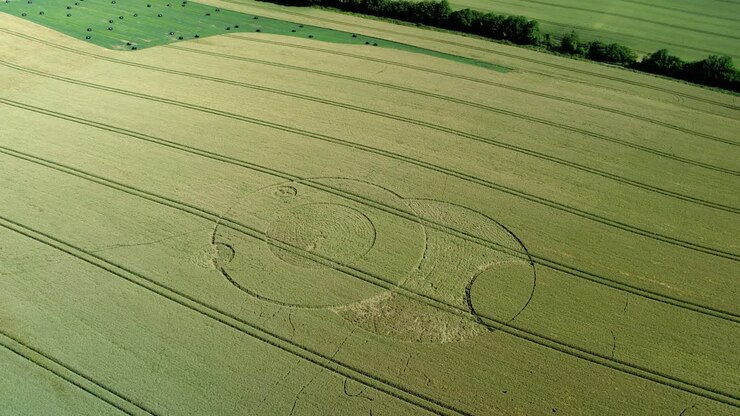 Wootton Rivers Wiltshire, disegno paranormale di cerchi nel grano in un campo agricolo verde, vista aerea da drone, a volo d'uccello in orbita sinistra