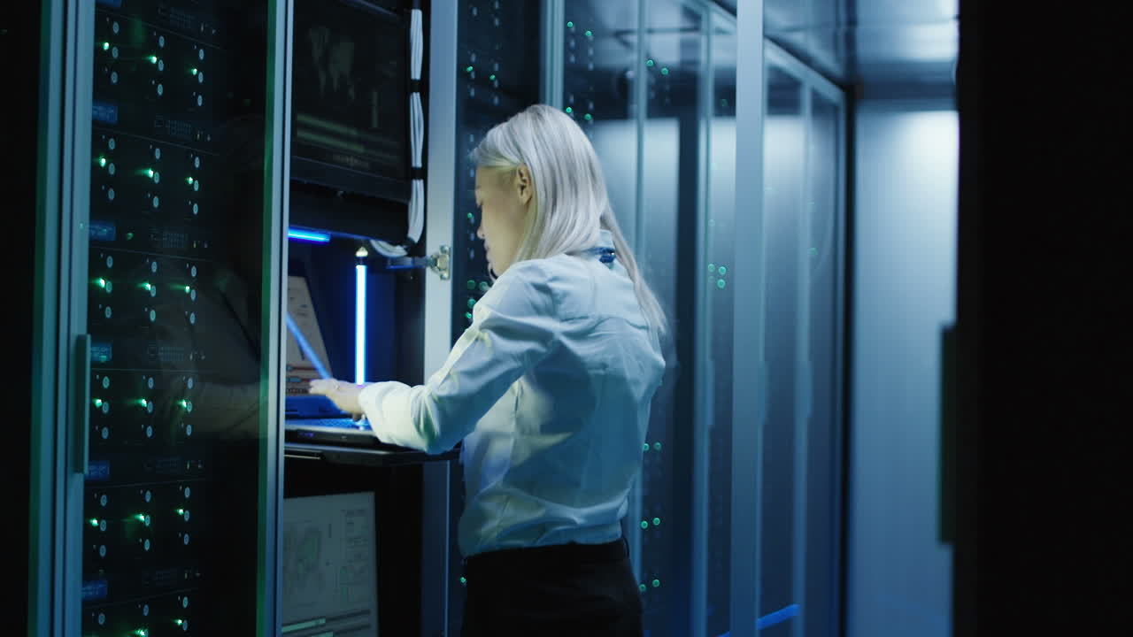 mujer trabajando en una sala de servidores