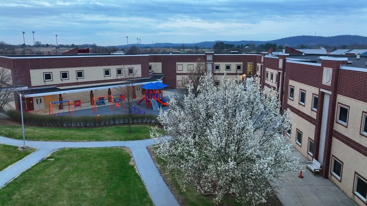 School in USA and student recess playground
