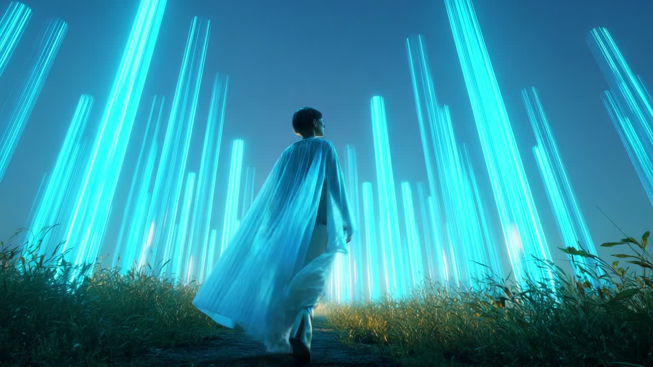 Woman in a Futuristic Field of Light Pillars