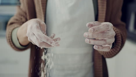 flour, kitchen and chef hands baking with dough