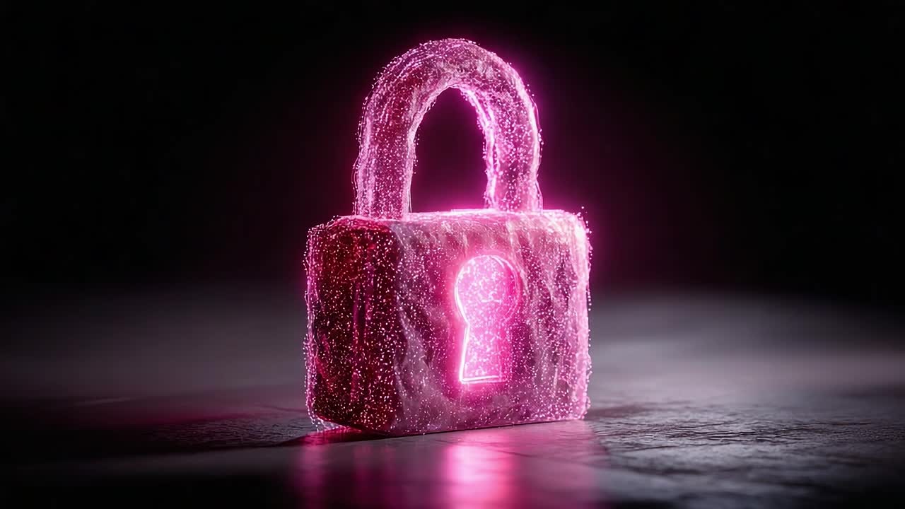 A Stunning Digital Visualization of a Neon Pink Lock with Sparkling Effects, Evoking Themes of Security, Privacy, and Digital Protection in a Futuristic Context