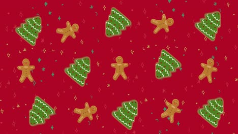 Traditional-Christmas-pattern-with-Christmas-trees,-gingerbread-men-moving-against-red-background