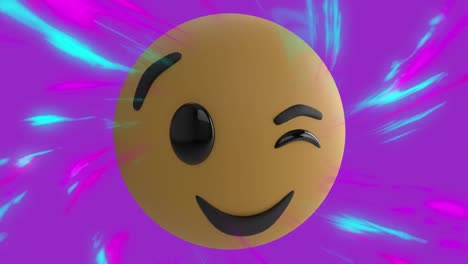Animation-of-winking-emoji-icon-over-pink-and-blue-lights