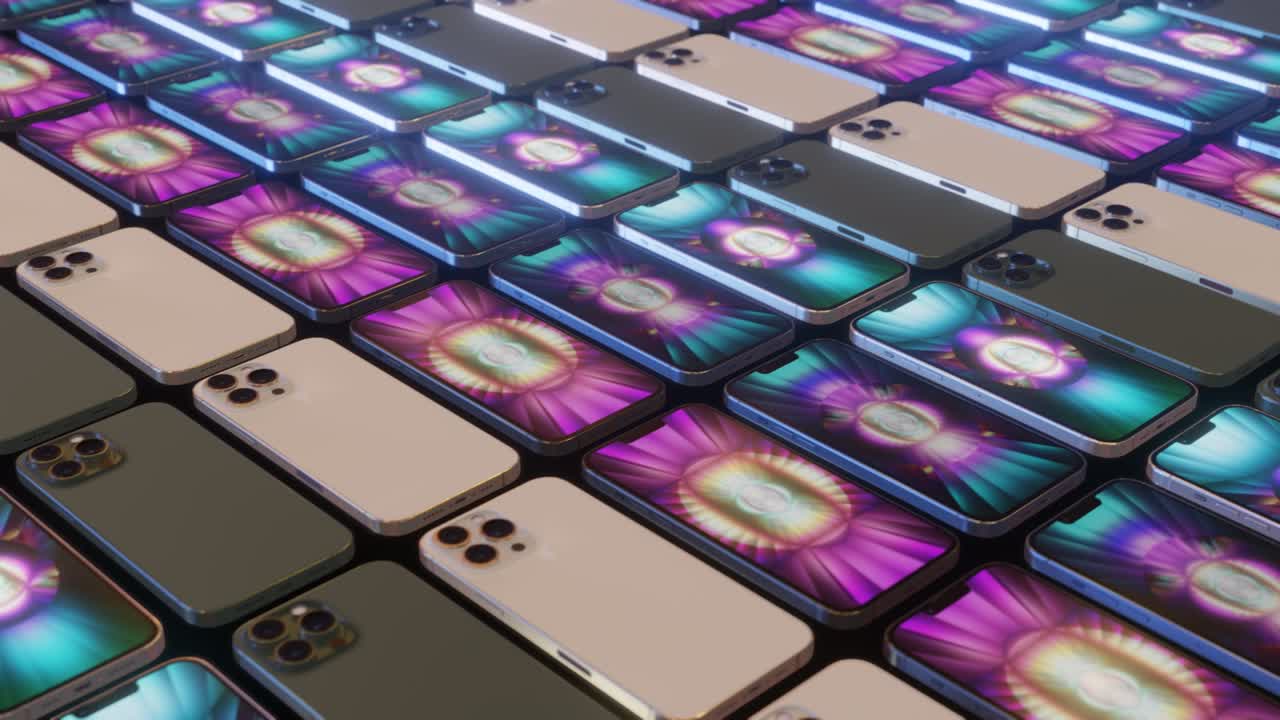 어두운 배경에서 그룹 스마트폰의 row rotating. seamless loop. 3d 렌더링