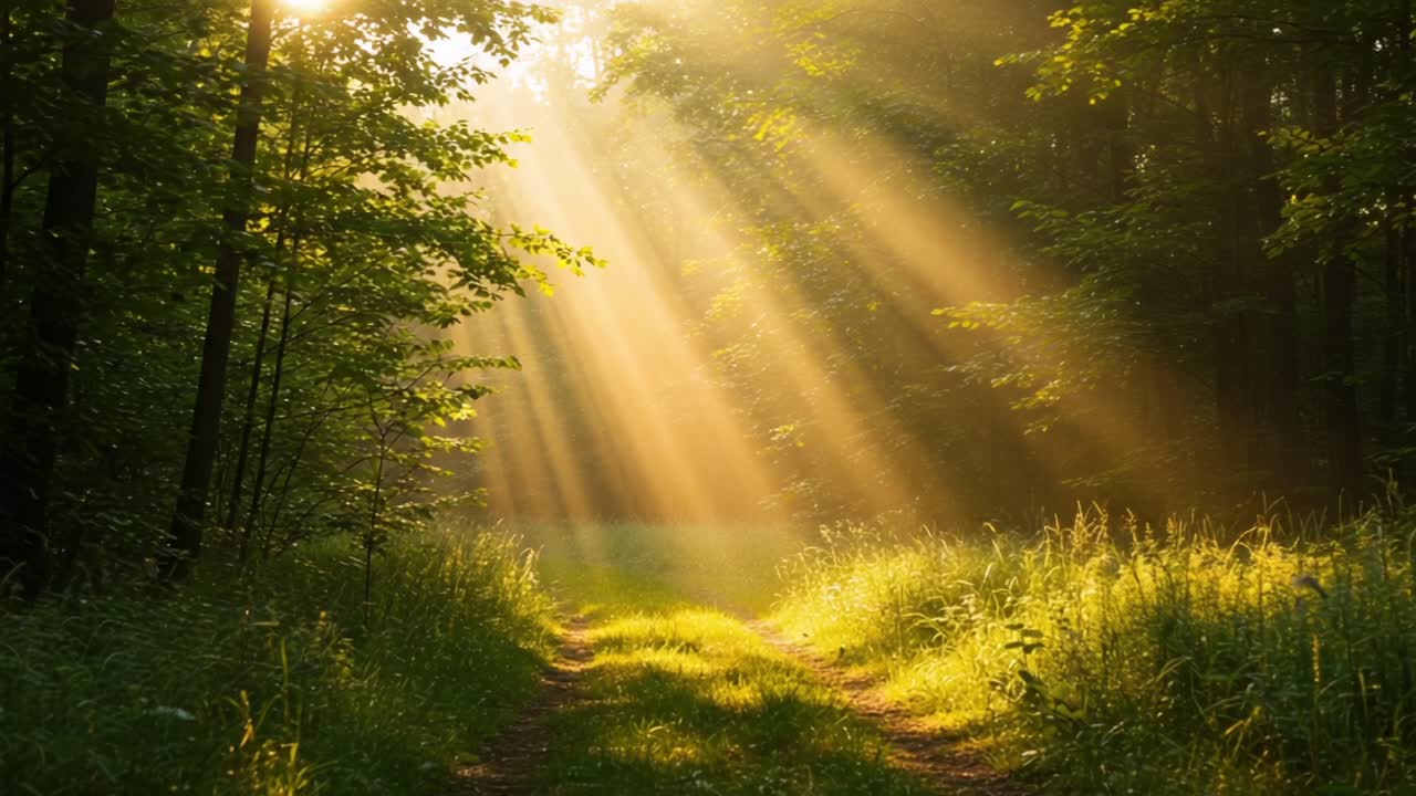 A Serene Forest Path Illuminated by Sunlight: Nature's Beauty Captured in the Glowing Rays Filtering Through the Trees and Gracing the Greenery