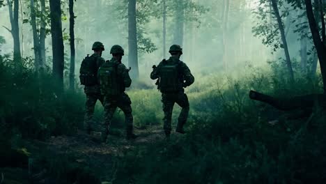 soldiers walking through a foggy forest