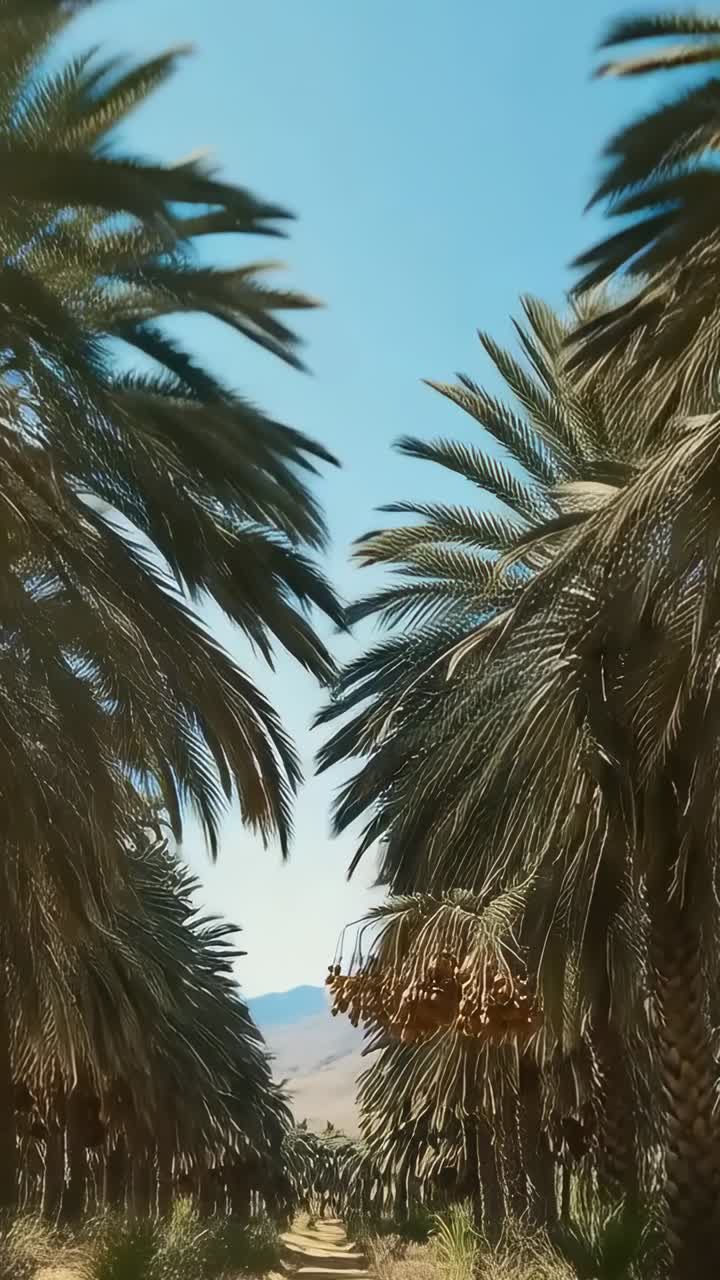 Vertical video: Panning camera advancing up palm grove toward mountain, inspecting ripe dates