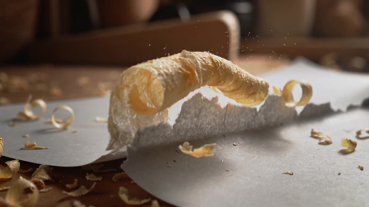 Detaching large wood shaving curling upward and rotating on torn paper at craft bench, with sawdust