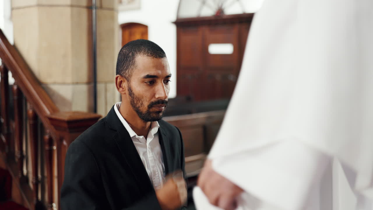Religion, church and man with priest for communion
