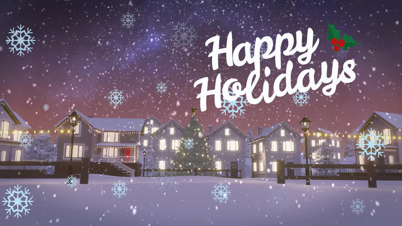 Happy Holidays text animation over snowflakes and decorated houses in snowy village