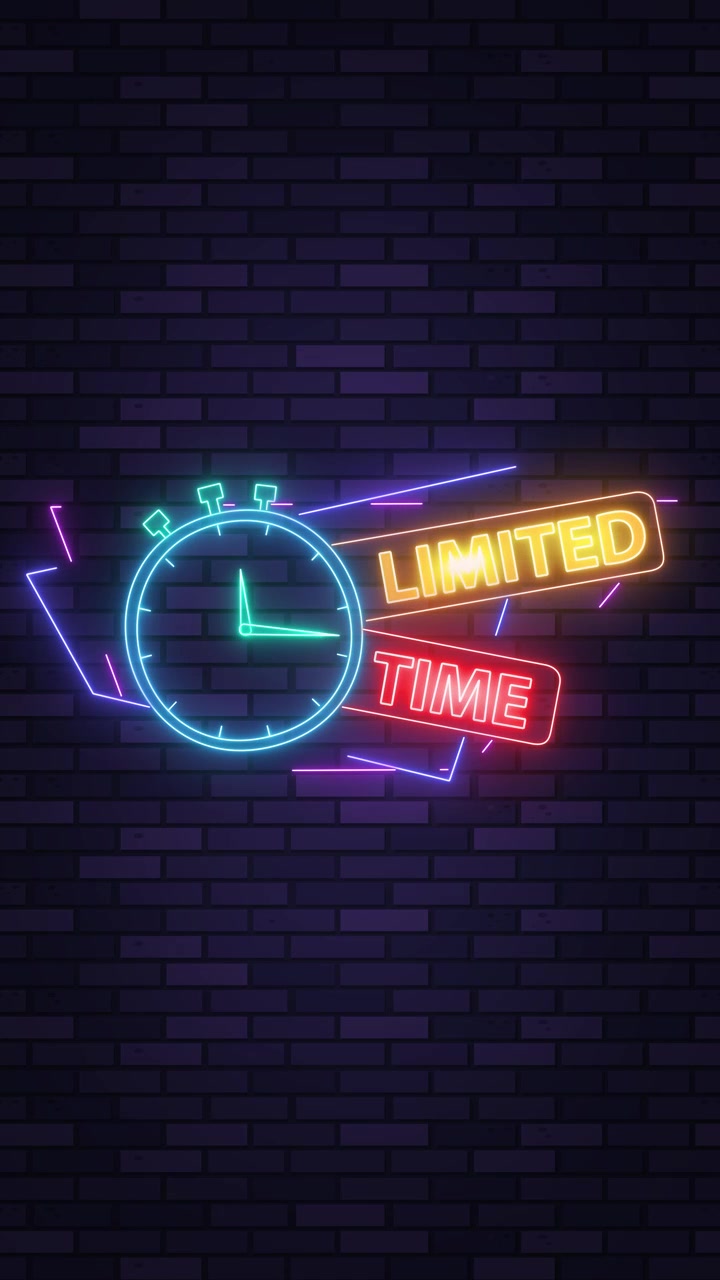 Glowing neon stopwatch and text flicker on a purple brick wall with vertical framing