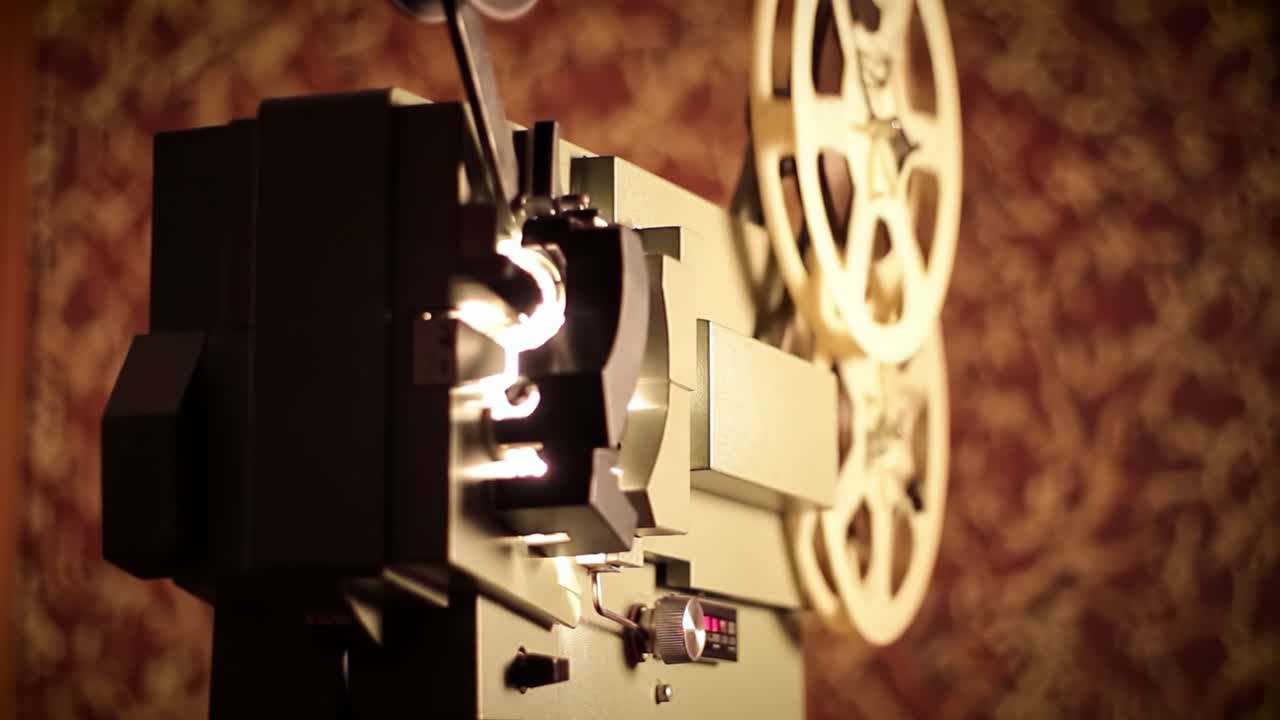 An Artistic Representation of a Vintage Film Projector Illuminating Film Reel with a Warm Glow in a Cozy Background Setting