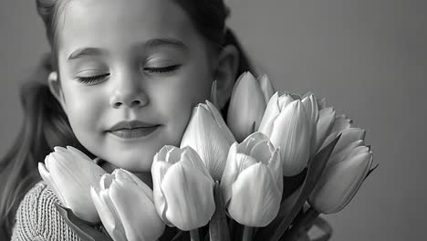 peaceful girl with a bouquet of tulips in black and white