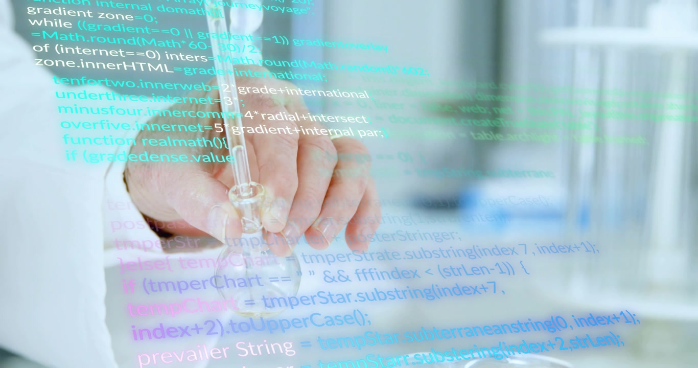Senior scientist hand adjusting grip, lowering pipette above beaker in lab with code overlay rising