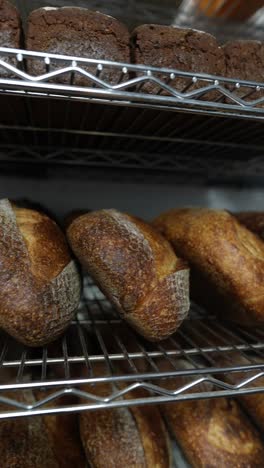 bread display on metal shelves