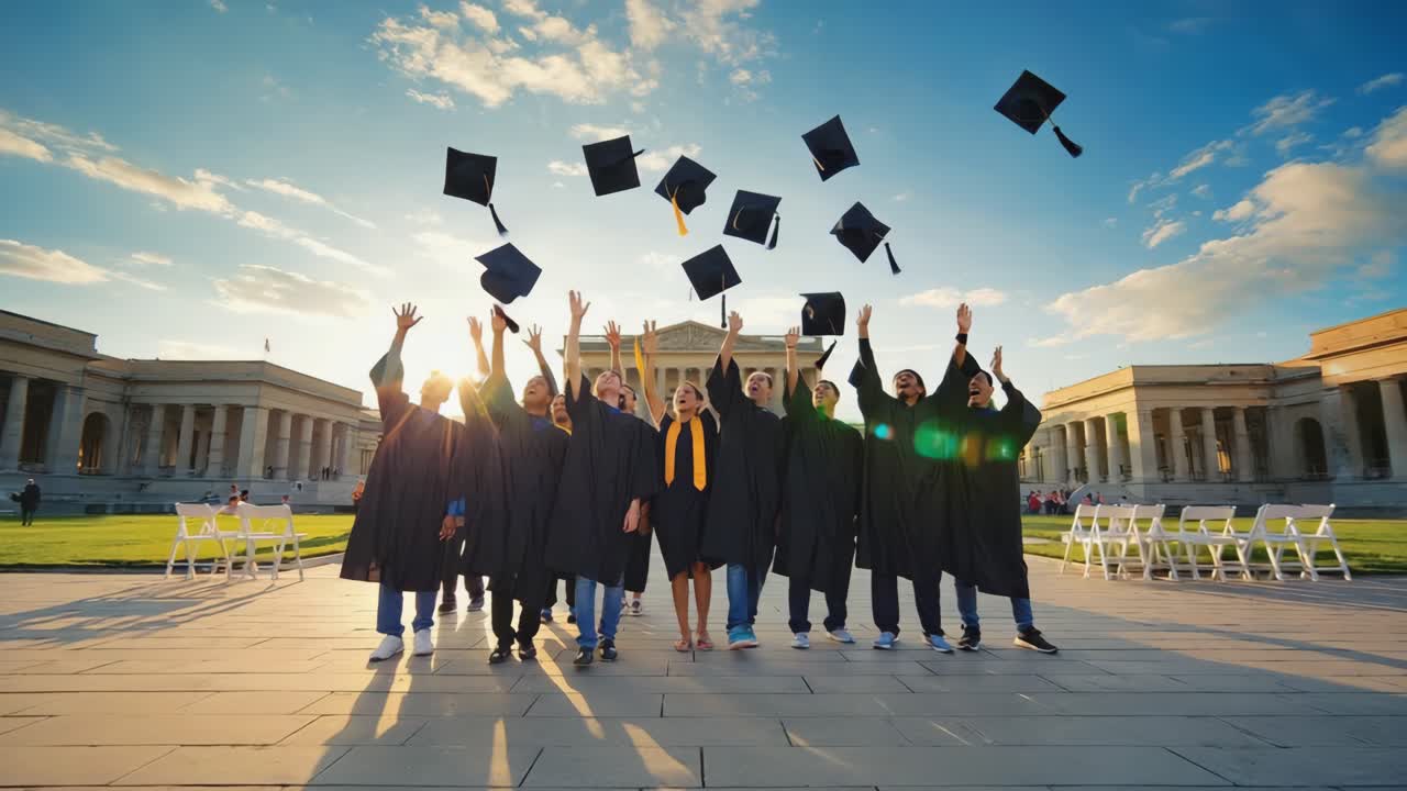 Graduates throwing their caps in the air, celebrating their academic achievement