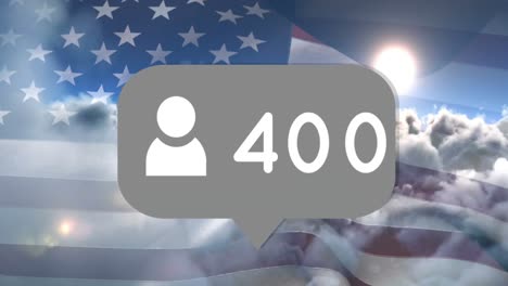 Animation-of-speech-bubble-with-numbers-over-clouds-and-flag-of-usa