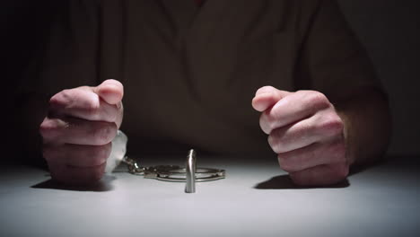 close-up of a prisoner's hands while he sits calmly handcuffed to a table in an interrogation room, his hands balled into fists