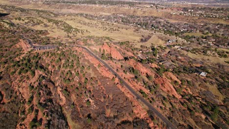 aerial view of countryside desert road near garden of the gods in manitous springs, colorado