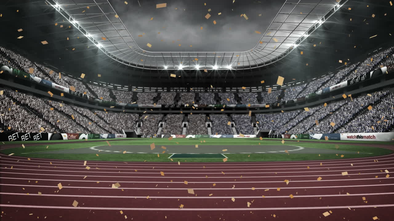 animación de confeti cayendo sobre el estadio deportivo