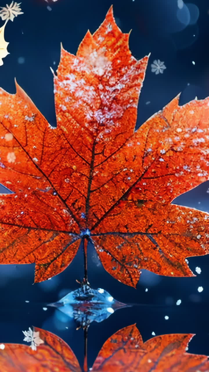 A leaf is floating in a body of water with snowflakes falling around it. Concept of tranquility and peacefulness, as the leaf and snowflakes create a serene and calming atmosphere