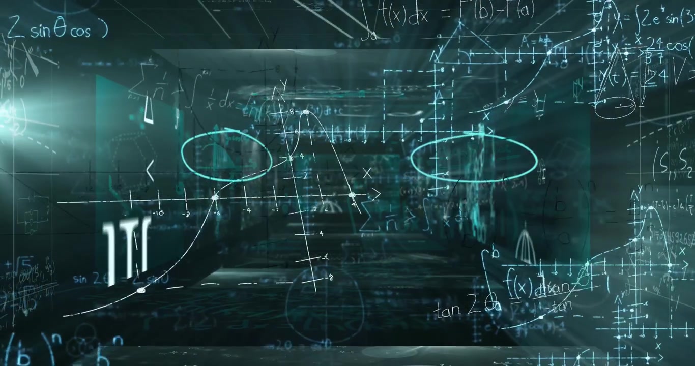 Animation of mathematical equations over black background