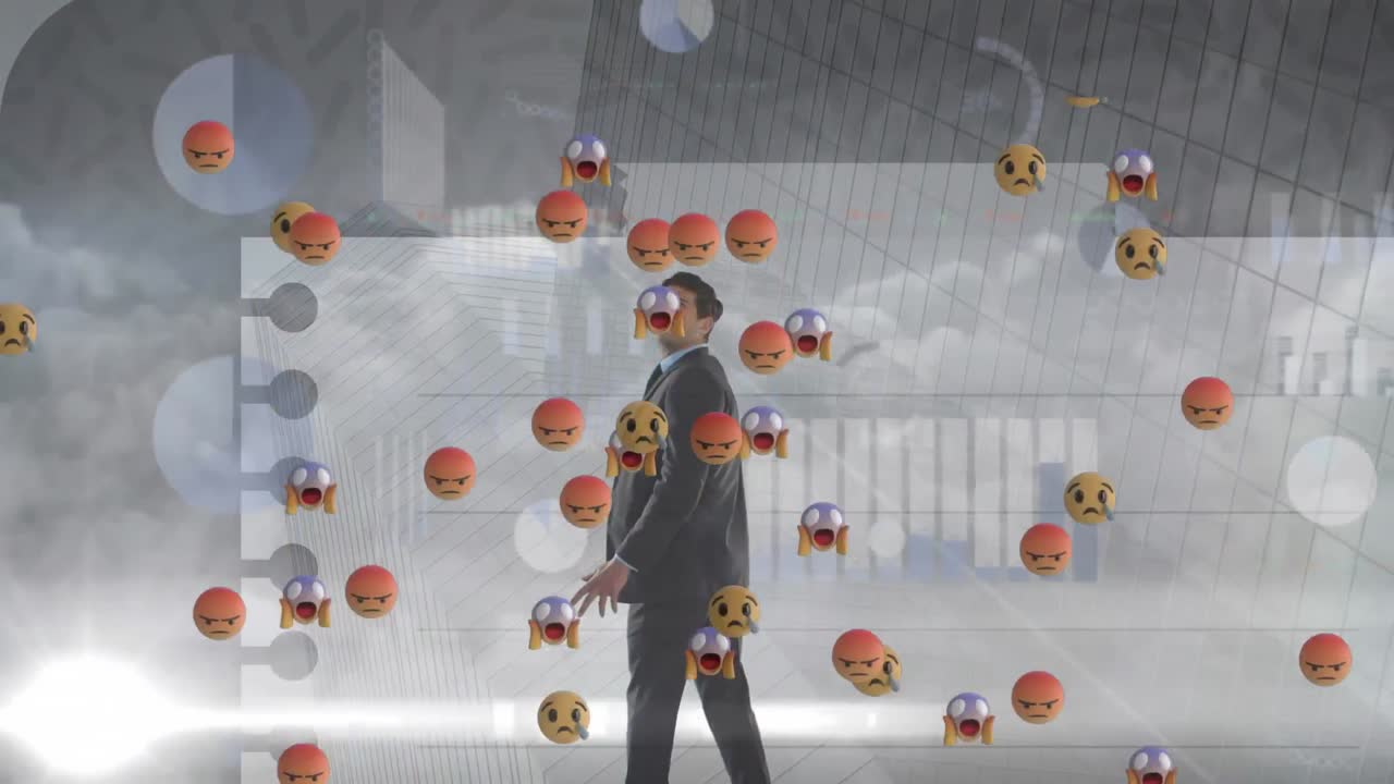 animación de iconos emoji y procesamiento de datos sobre un empresario caucásico