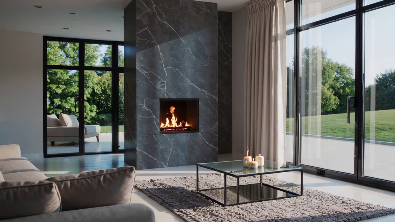 Modern Living Room with Fireplace and Patio Views
