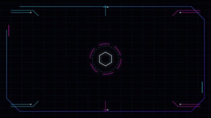 Futuristic Digital HUD Interface with Rotating Hexagon and Scanning Frame
