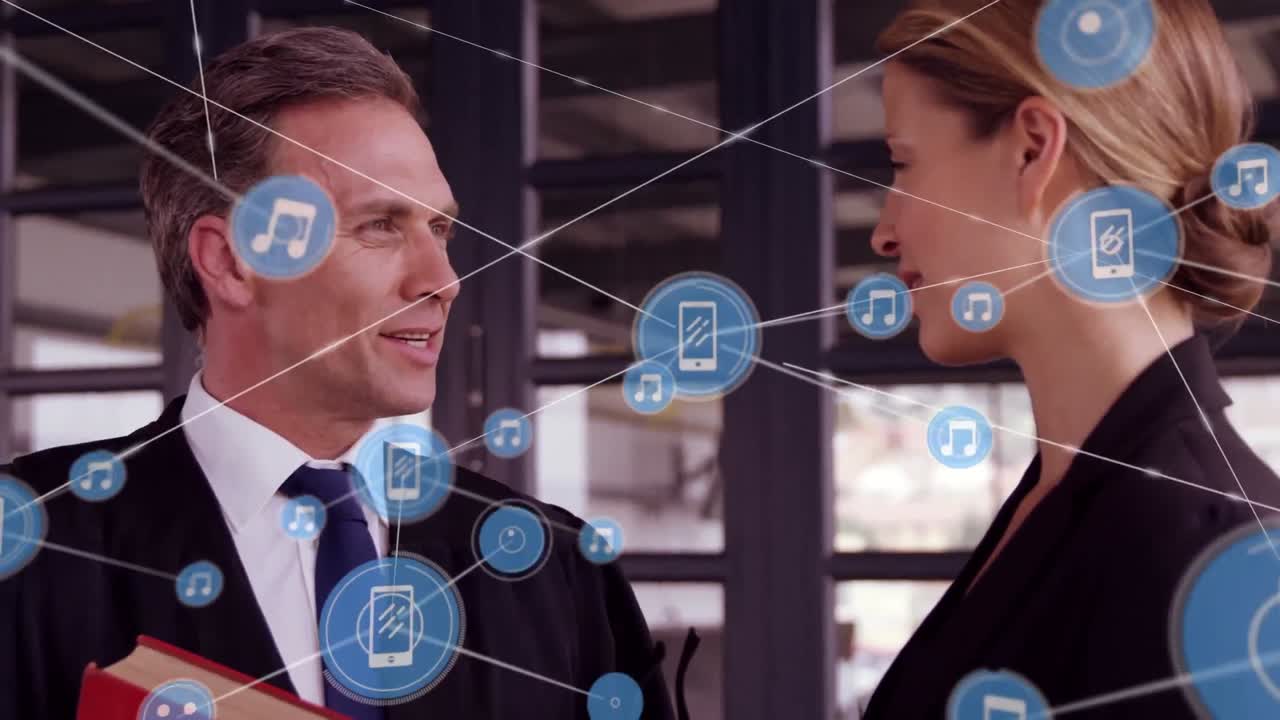 사무실에서 비즈니스 사람들에 대한 아이콘과 연결 네트워크의 애니메이션