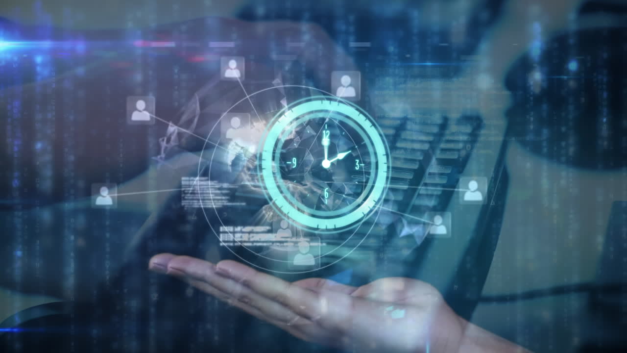 reloj y procesamiento de datos sobre las manos cubiertas contra la sección media de la persona que usa la computadora