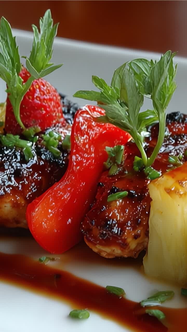 Piatto vivace con pollo glassato, verdure fresche e guarnizioni - una delizia culinaria che mette in mostra colori e sapori audaci.