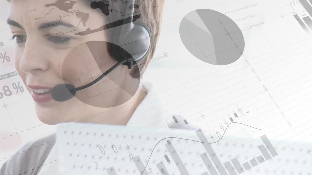 animación de estadísticas sobre mujeres de negocios que usan auriculares telefónicos