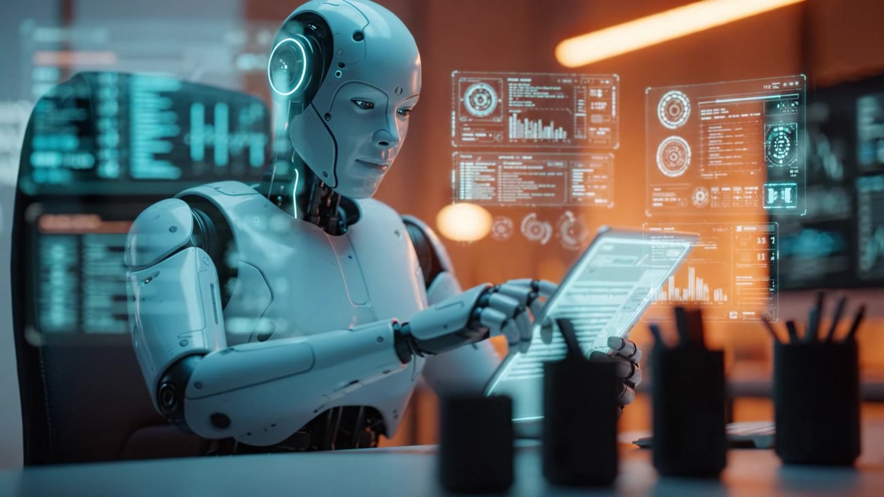 Un robot futuristico che analizza dati in un ambiente di lavoro moderno e tecnologico, ricco di schermi e visualizzazioni di informazioni digitali