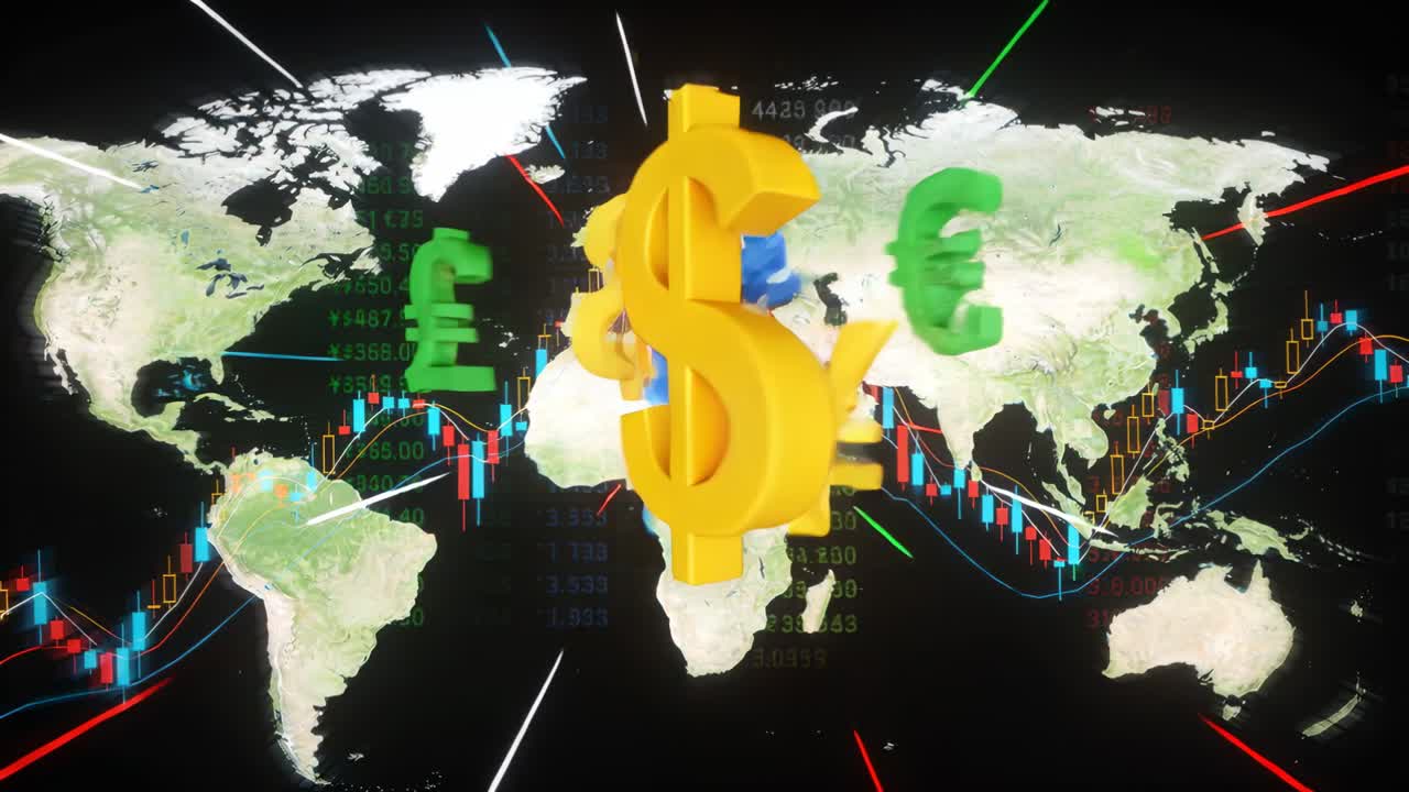 Roterende 3D-valutasymbolen reageren op marktkoersen, botsen op wereldkaart met candlestick.