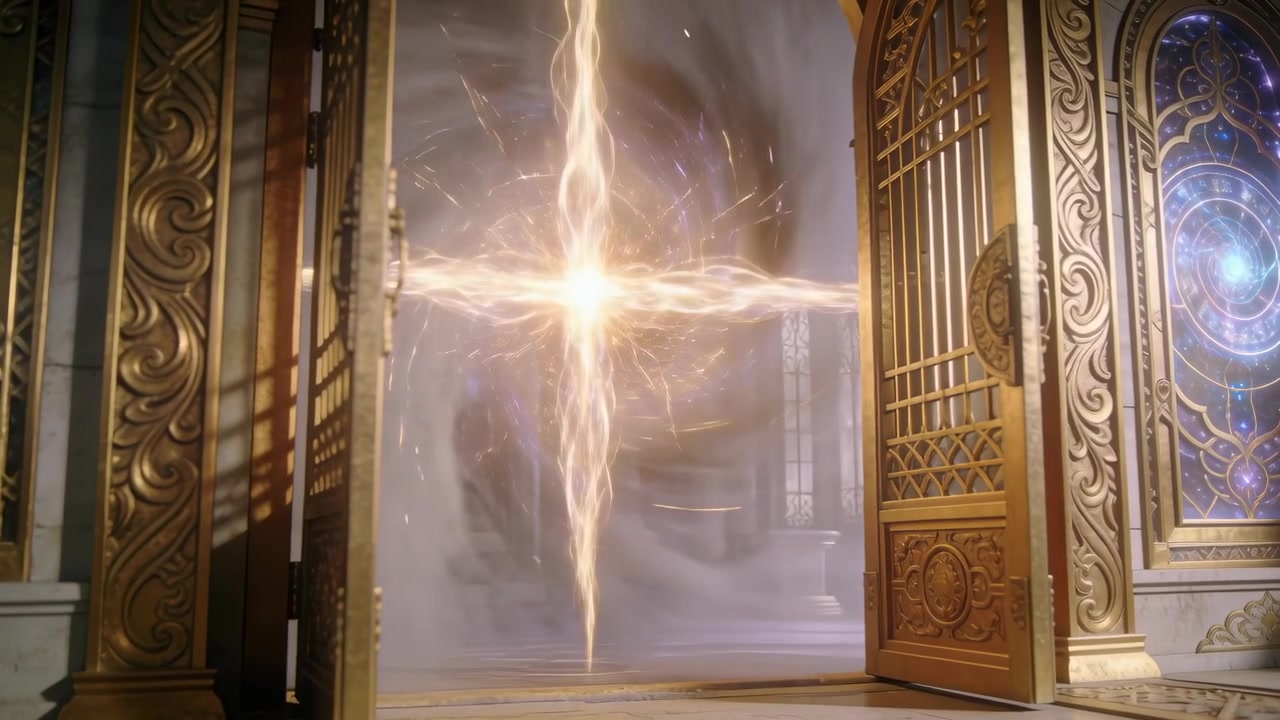 Porte ornate si aprono, rivelando un portale vorticoso che si restringe in una colonna di luce a croce in una sala sacra.