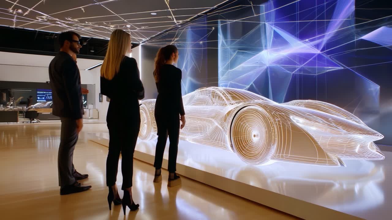 A stunning visualization of futuristic vehicle design showcased through an immersive holographic display, capturing the imagination of onlookers in a high-tech environment