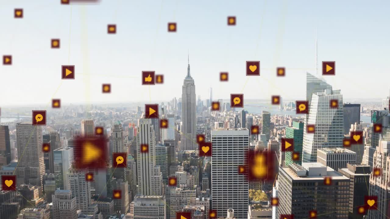 디지털 아이콘의 네트워크의 애니메이션 도시 풍경의 공중 뷰에 대하여