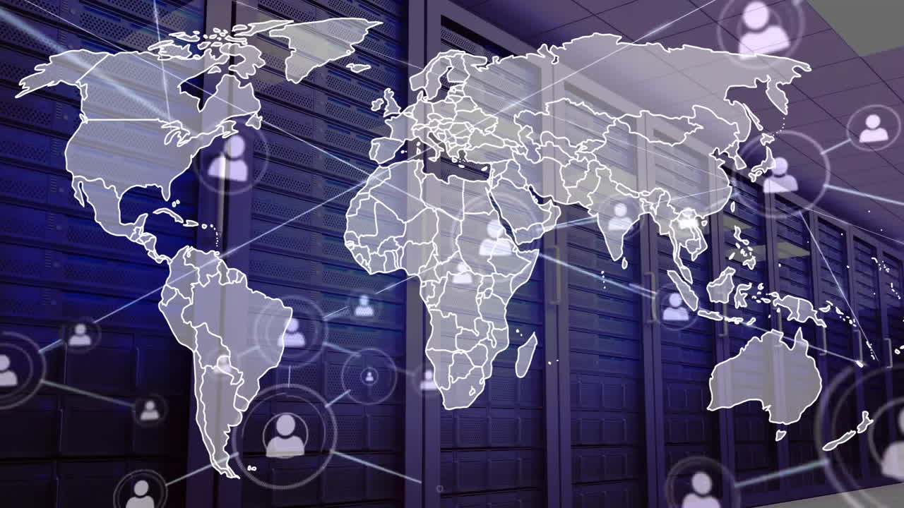 animación de la red de conexiones, mapa del mundo y procesamiento de datos a través de servidores informáticos