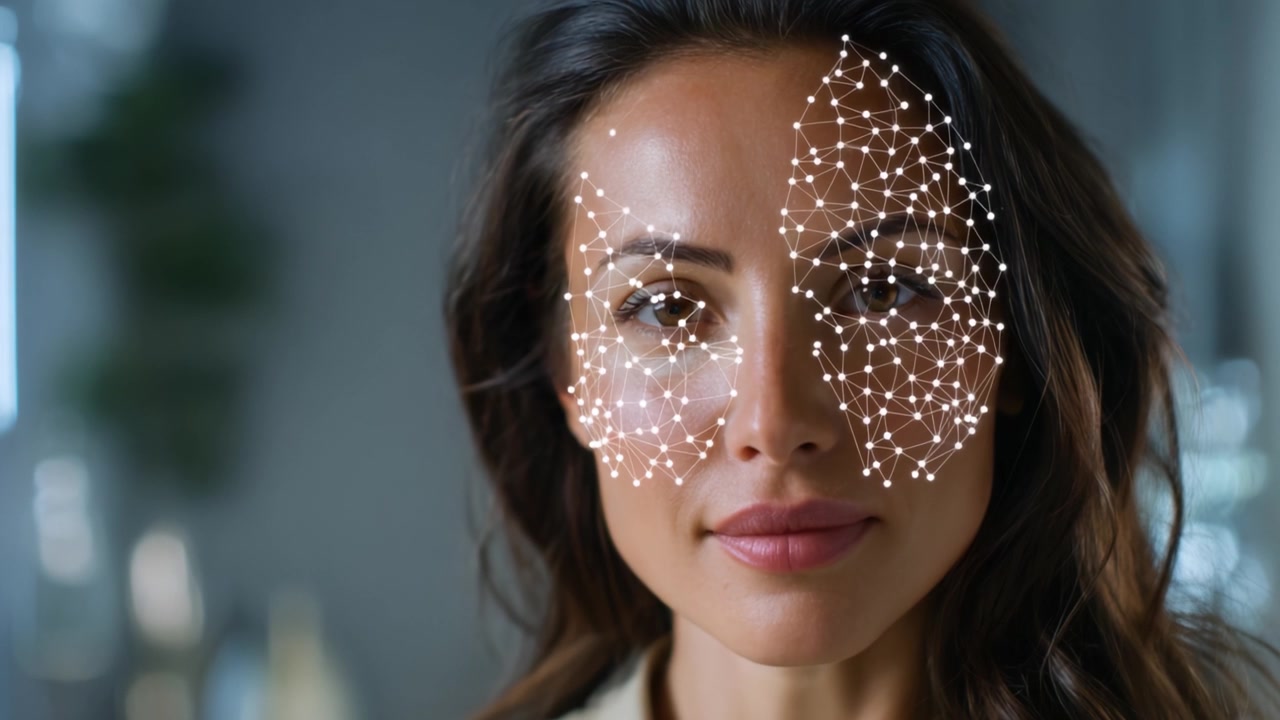 A Close-Up of a Woman's Face with Detailed Facial Mapping Technology Displaying a Network of Points and Lines for Facial Recognition and Analysis