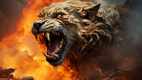 fierce wild cat roaring amid fiery landscape at dusk