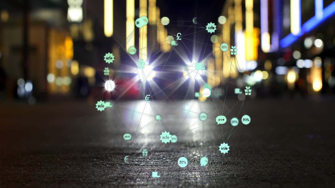 밤의 도시 교통의 흐릿한 시야에 대해 회전하는 디지털 아이콘의 지구상의 애니메이션