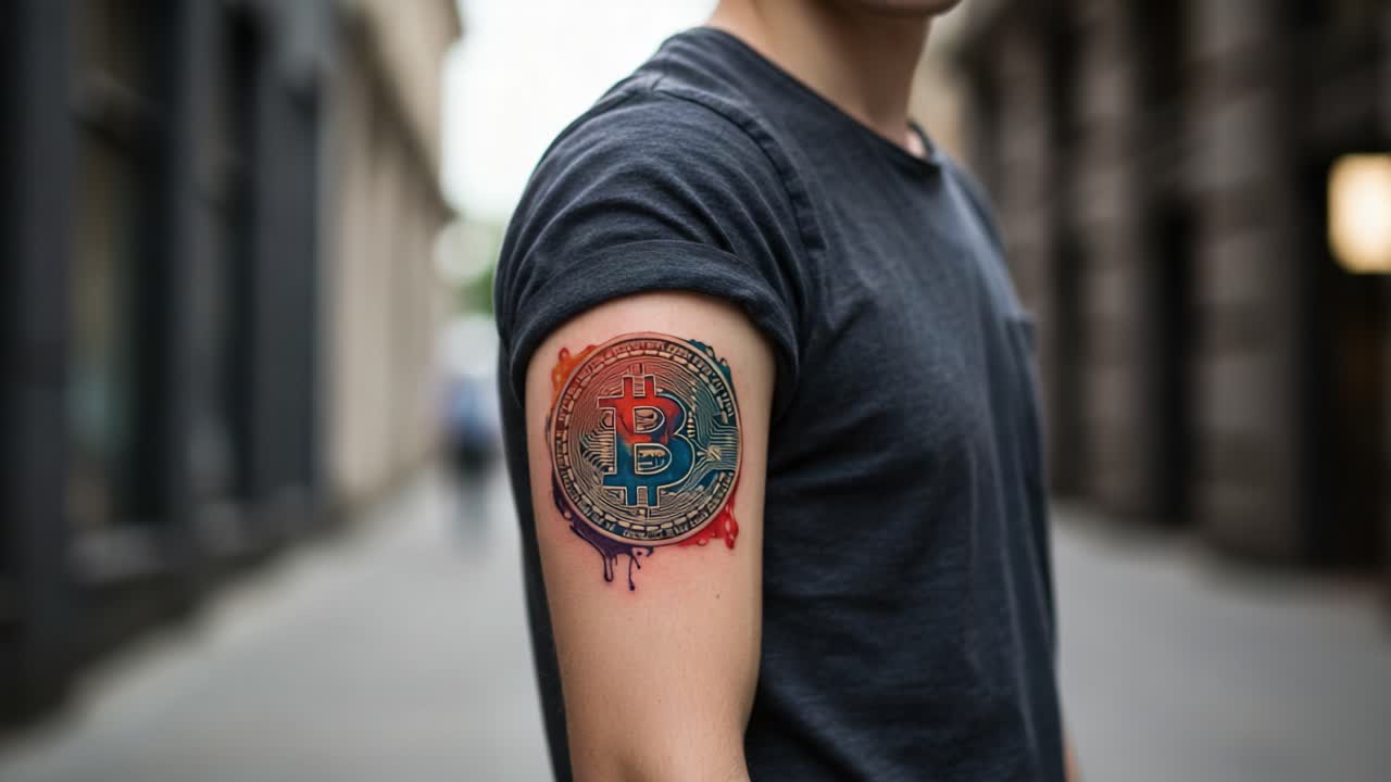 An Artistic Display of Cryptocurrency Enthusiasm: A Close-Up on a Colorful Bitcoin Tattoo Adorning the Arm of a Young Individual in an Urban Setting