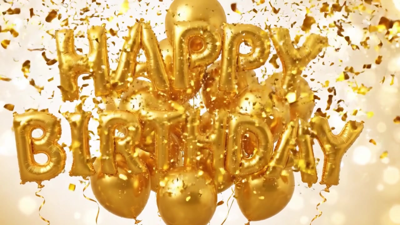 Una celebrazione vibrante: palloncini dorati e coriandoli che segnano una gioiosa occasione di buon compleanno con uno sfondo abbagliante e un'atmosfera festosa.